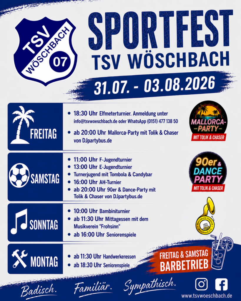 Plakat zum Sportfest 2026 des TSV Wöschbach in den Vereinsfarben Blau und Weiß. Oben links befindet sich das TSV-Wappen, daneben die große Überschrift „Sportfest TSV Wöschbach“ sowie der Termin 31.07. – 03.08.2026. Das Programm ist nach Tagen gegliedert: Freitag: Ab 18:30 Uhr Elfmeterturnier (Anmeldung per E-Mail oder WhatsApp), anschließend ab 20:00 Uhr Mallorca-Party mit Tolik & Chaser. Rechts daneben das Logo der Mallorca-Party. Samstag: F-Jugendturnier ab 11:00 Uhr, E-Jugendturnier ab 13:00 Uhr, Turnerjugend mit Tombola und Candybar, AH-Turnier ab 16:00 Uhr sowie ab 20:00 Uhr 90er- & Dance-Party mit Tolik & Chaser. Rechts daneben das Logo der 90er- & Dance-Party. Sonntag: Bambiniturnier ab 10:00 Uhr, Mittagessen mit dem Musikverein „Frohsinn“ ab 11:30 Uhr und Seniorenspiele ab 16:00 Uhr. Rechts ist das Logo des Musikvereins Frohsinn abgebildet. Montag: Handwerkeressen ab 11:30 Uhr und Seniorenspiele ab 18:30 Uhr. Links neben jedem Programmpunkt stehen passende Symbole für den jeweiligen Tag (Palme, Fußball, Musiknote und Werkzeug). Unten rechts weist ein farbiger Hinweis auf Barbetrieb am Freitag und Samstag hin. Am unteren Rand stehen die Begriffe „Badisch. Familiär. Sympathisch.“, außerdem sind die Website www.tsvwoeschbach.de sowie Instagram- und Facebook-Symbole zu sehen.